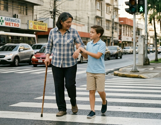 Generada con IA | Niño ayuda a señora a cruzar la calle.