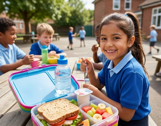 Generada con IA | Una niña en el recreo con su lonchera.