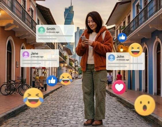 Generada con IA | Una mujer en la calle utilizando su WhatsApp para generar conexión con otros usuarios a través de su identificador.