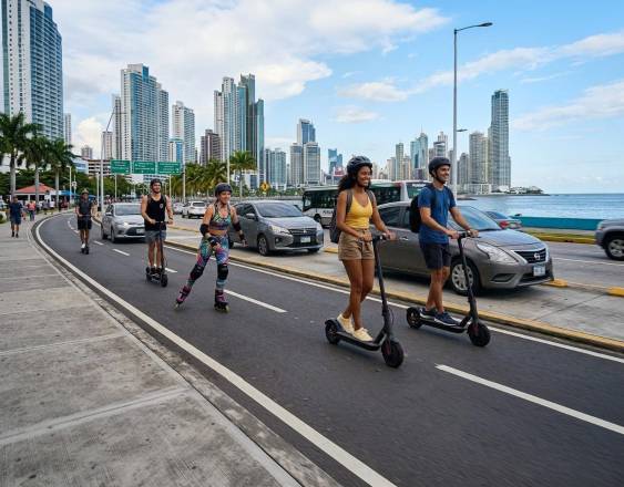 Generada con IA | Un grupo de jóvenes utilizando el scooter y patinando en la calle donde también circulan los vehículos.
