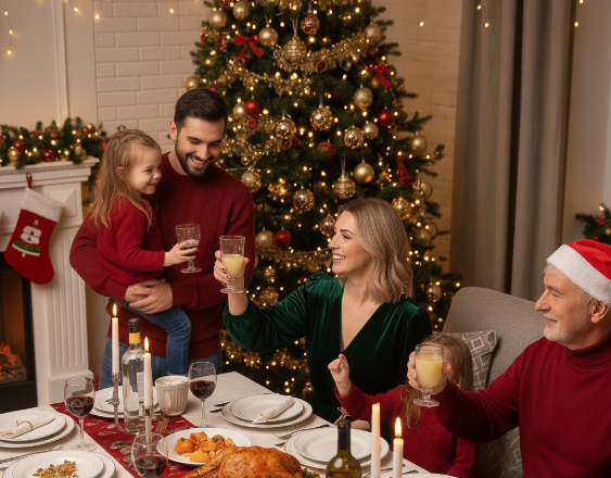 Foto generada con IA | Una familia brindando y celebrando en su cena de Navidad.