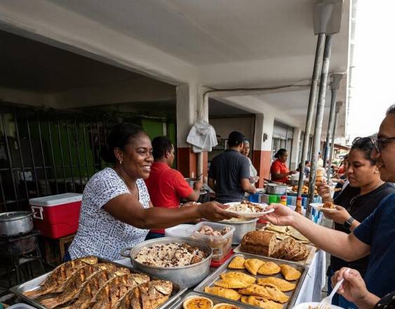 Generada con IA | Una mujer vendiendo comida afro caribeña como: pescado, plantintá, bon, patty, arroz con coco y guandú, entre otros.