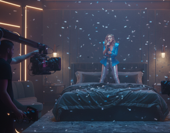 Creada con IA | Artista grabando su video musical en un cuarto.