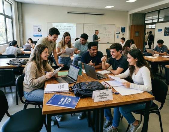 Generada con IA | Un grupo de jóvenes universitarios trabaja en el aula de clases tras recibir una beca académica grupal.