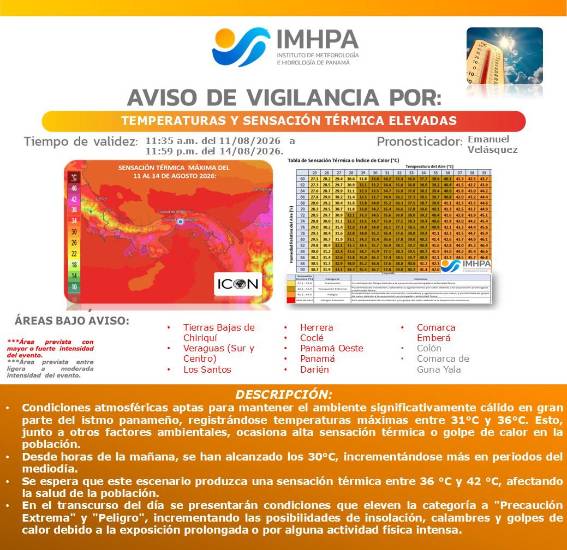 $!Emiten aviso de vigilancia por temperaturas y sensación térmica elevada hasta el 14 de agosto