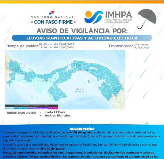 $!Sinaproc emite aviso de prevención por lluvias significativas hasta el lunes 10 de agosto