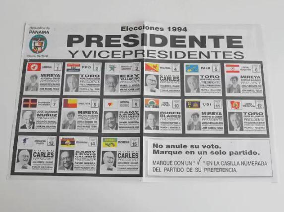 ML | Papeleta de 1994, donde hubo 7 candidatos presidenciales y 15 partidos políticos.
