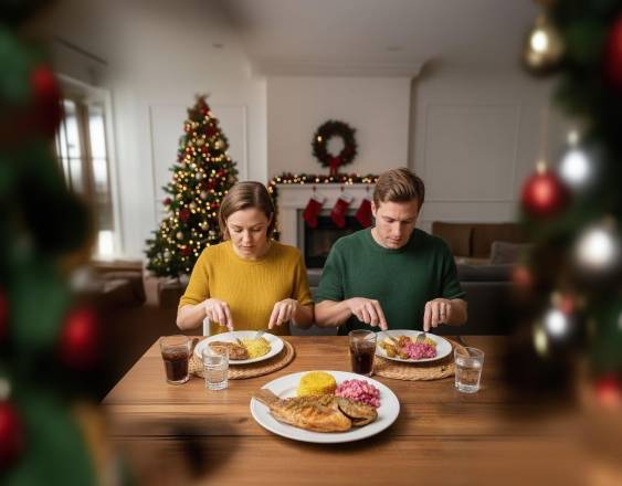 Foto generada con IA | Una pareja en su cena de Navidad preparada con pescado, arroz y ensalada de papas con remolacha, agradeciendo por otro año juntos.
