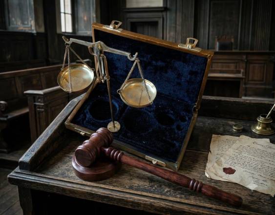 ML | Martillo de juez con la balanza de la justicia sobre un escritorio.