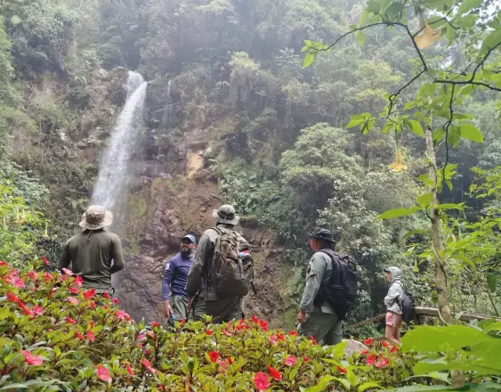 MiAmbiente | Visitantes y autoridades frente a una cascada.