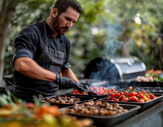 Freepik | Un hombre asando carne, puerco y tomates cherry.