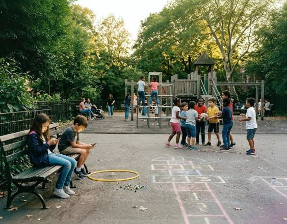Generada con IA | Varios niños disfrutan de juegos al aire libre en el parque; mientras otros permanecen concentrados en sus teléfonos celulares.