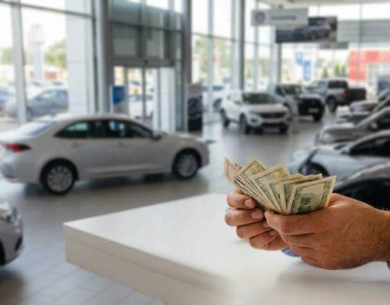 IMAGEN GENERADA CON IA | Una persona sostiene dinero para hacer un abono para la compra de un auto en una concesionaria.