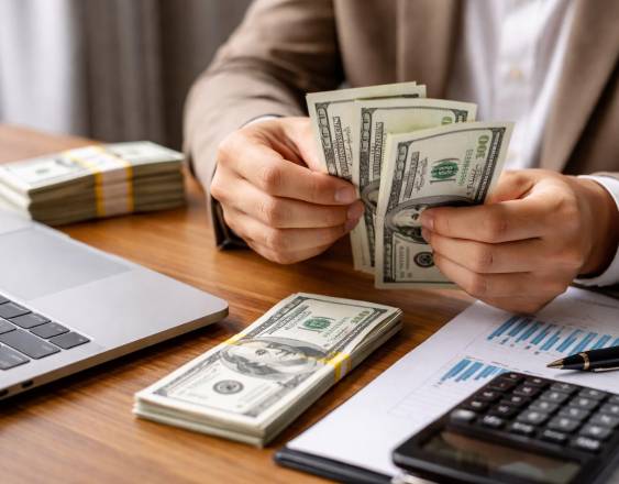 Imagen generada con IA | Una persona contando dinero sobre un escritorio. A su alrededor se observan documentos y una calculadora.