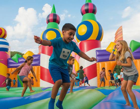 Cortesía | Un grupo de niños felices juega en los saltarines inflables.