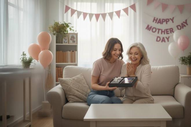 Foto generada con IA | Hija entregándole el regalo a su mamá por el Día de la Madre, mientras ambas se encuentran sentadas en el sofá y felices.