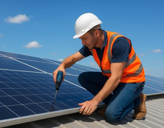 Generada con IA | Una persona sobre un techo de una empresa instalando un panel solar.