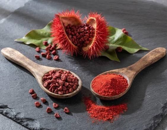 ML | Planta de achiote, semillas y en polvo sobre una mesa, listos para ser utilizados en una comida.