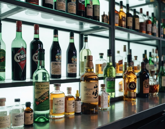 ML | Varias botellas de ron, seco y whisky exhibidas en el mostrador de un bar, como parte de la oferta.