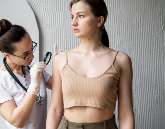 Freepik | Una especialista en dermatología diagnosticando el cuerpo de una paciente.