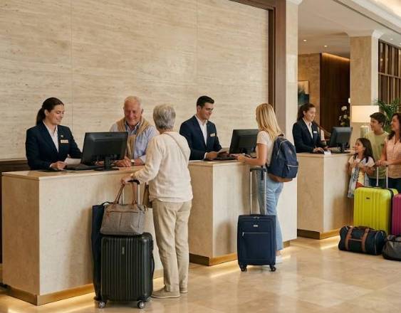 IMAGEN GENERADA CON IA | Turistas en un hotel esperando para hacer una reservación.
