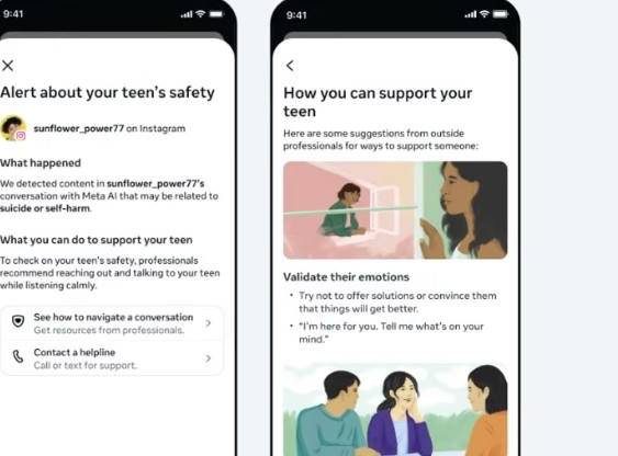 Notificación para padres sobre conversaciones de sus hijos adolescentes con Meta AI sobre temas sensibles.