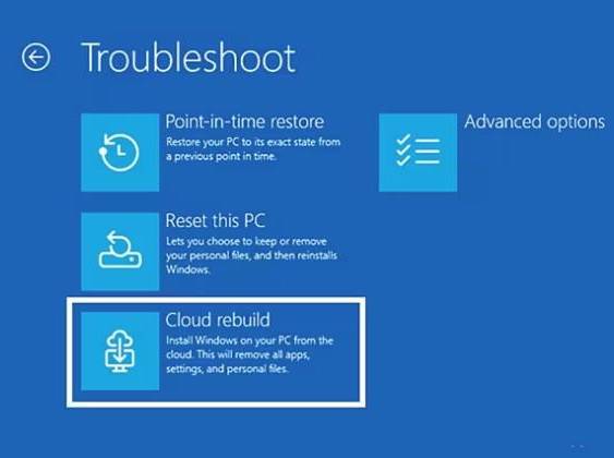 Captura de pantalla con la nueva opción ‘Cloud rebuild’ de Windows 11.