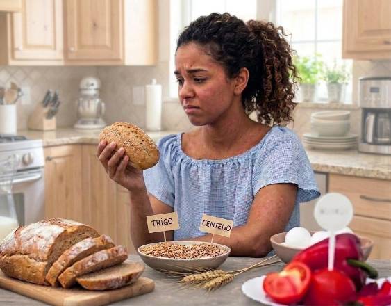IMAGEN GENERADA POR GEMINI | Una mujer rodeada por alimentos con gluten.
