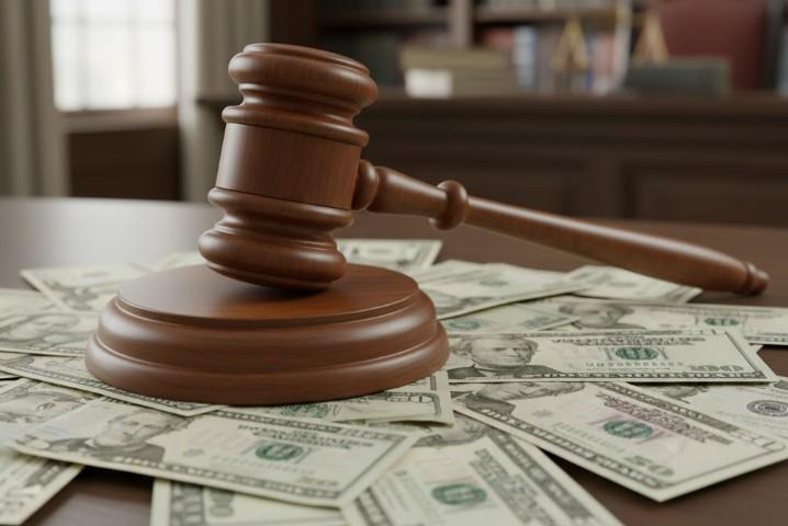 ML | Un mazo de madera utilizado por jueces, sobre una mesa donde hay dólares.