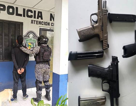 ML | Una de las personas capturadas y las tres armas incautadas.