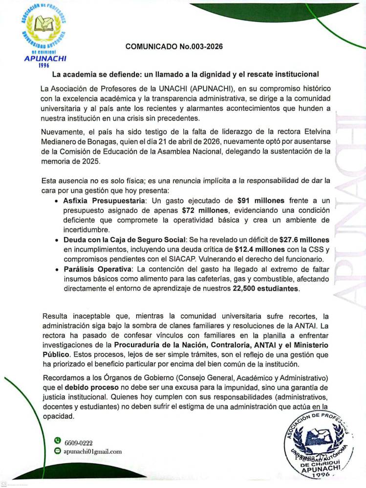 $!Asociación de Profesores de la UNACHI exigen a la rectora que considere su renuncia