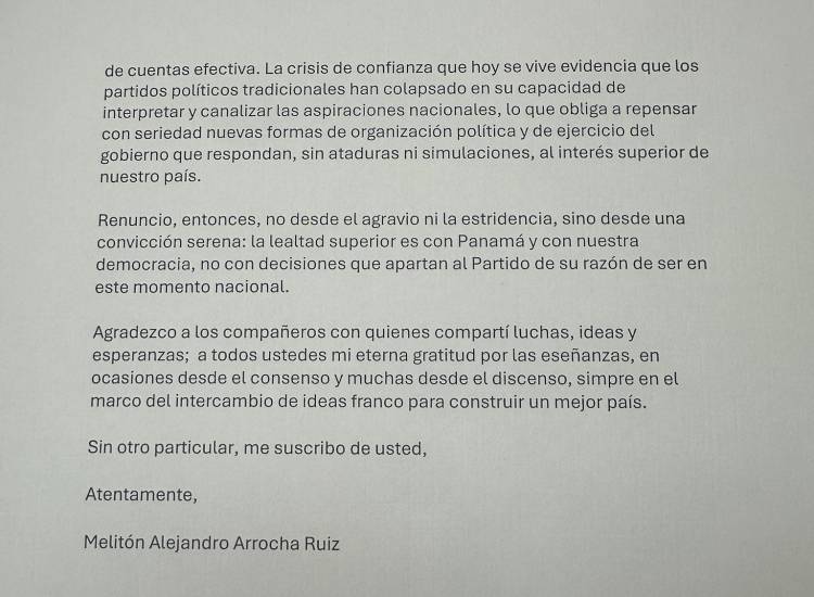 $!Melitón Arrocha renuncia al Partido Panameñista