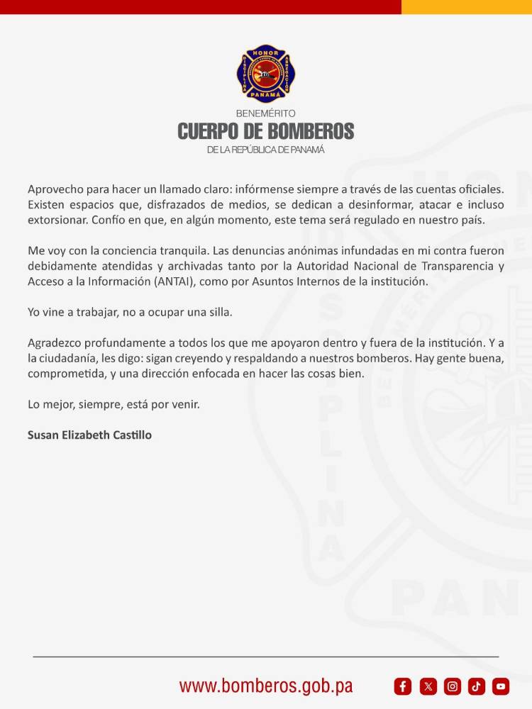 $!Susan Castillo confirma su renuncia a los Bomberos
