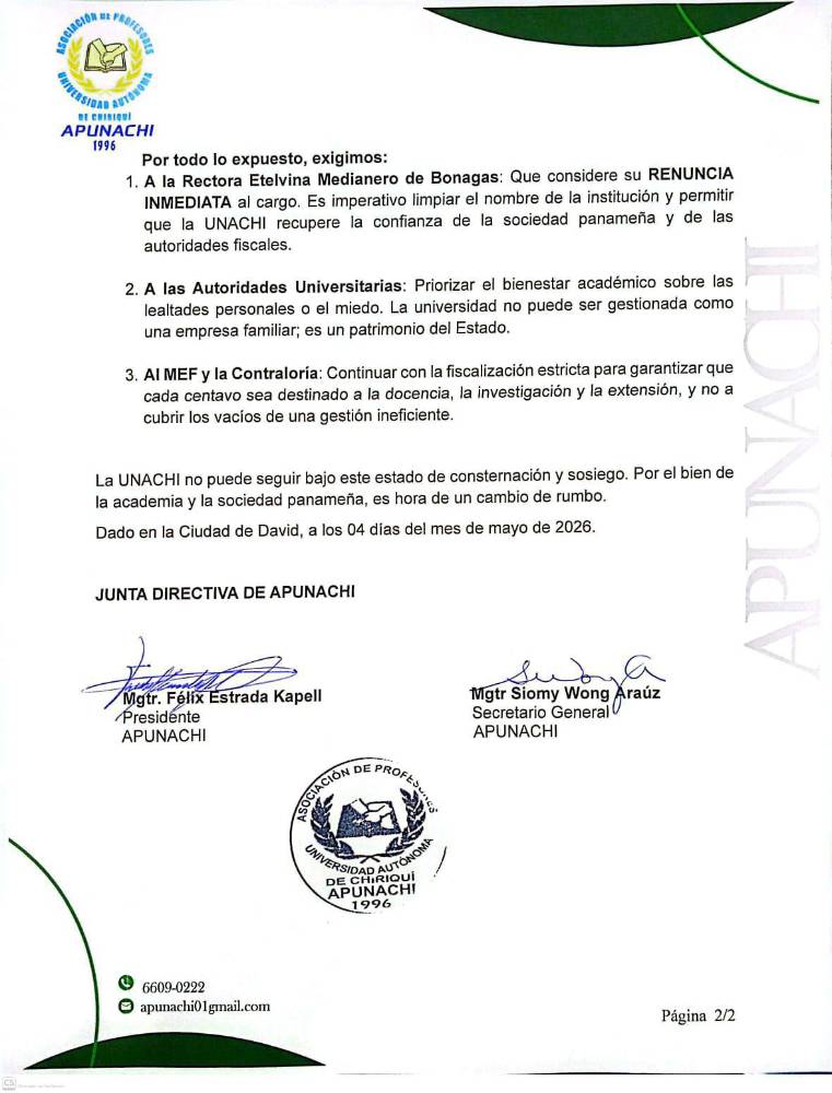 $!Asociación de Profesores de la UNACHI exigen a la rectora que considere su renuncia