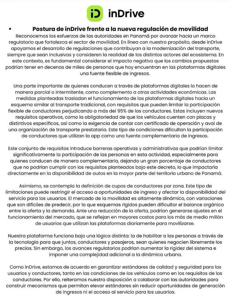 $!inDrive afirma que la nueva regulación de movilidad en Panamá afectaría al 95% de sus conductores