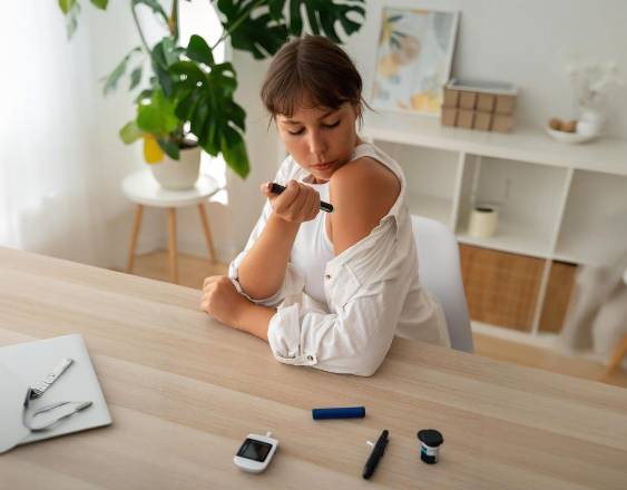 Freepik | Una persona diabética comprobando su nivel de glucosa con una pluma de insulina.