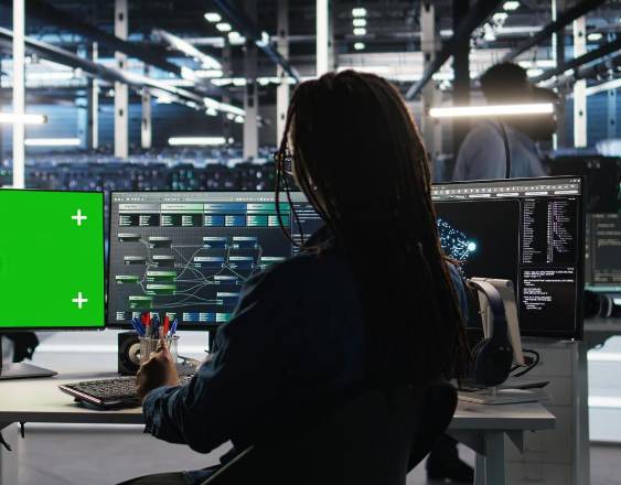 Una mujer sentada frente a su computadora con tres monitores.