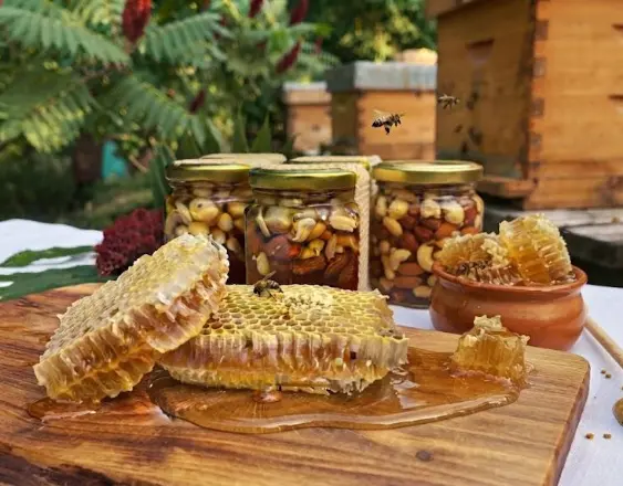 ML | Panales de abejas con miel sobre una mesa. También se observan frascos con semillas.