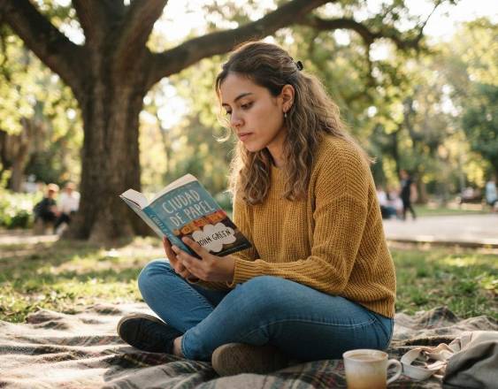 Imagen generada por IA | Jóven sentada sobre el cesped disfruta de la lectura de un libro bajo un a´rbol.