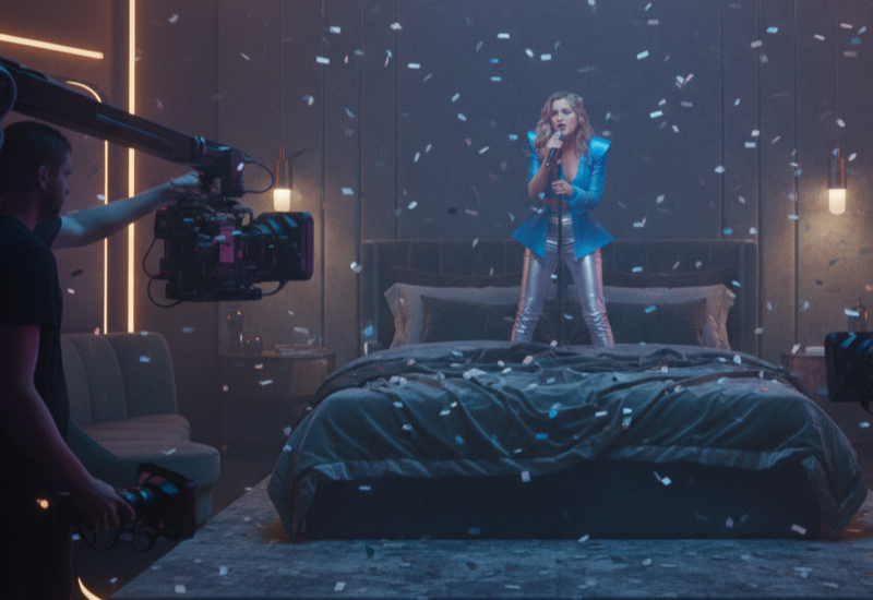 Creada con IA | Artista grabando su video musical en un cuarto.