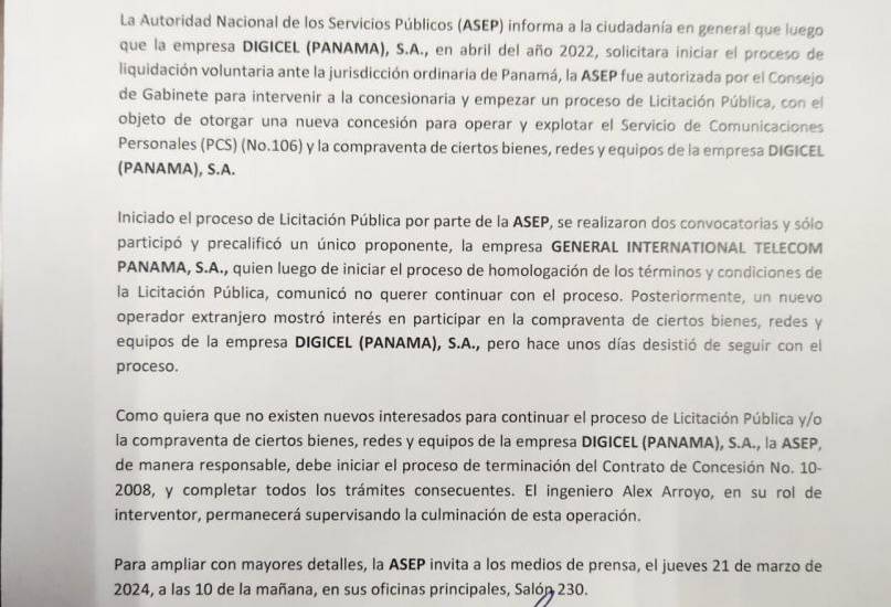 $!La Asep inicia proceso de terminación de contrato de concesión a Digicel