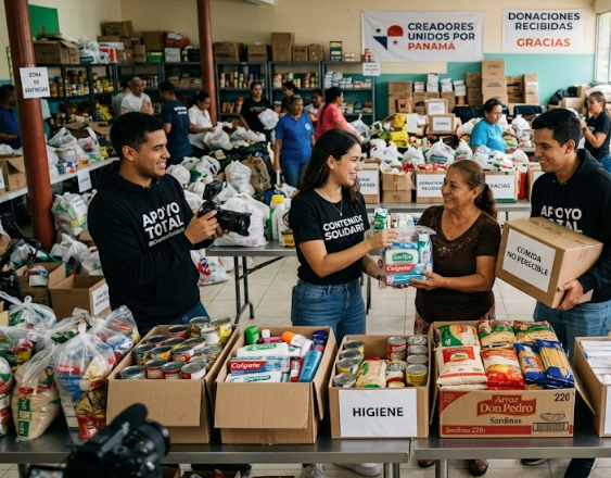 Generada con IA | Un grupo de seis jóvenes organizando todas las donaciones recibidas.