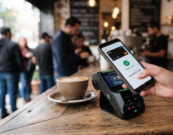 Imagen generada con IA | Persona acerca el celular a un punto de pago.