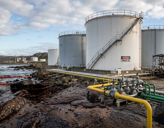 Tanques de almacenamiento de petróleo crudo en una instalación costera. (Imagen generada por IA).