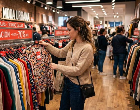 IA | Una mujer observa las prendas de vestir que están exhibidas con descuento dentro de una tienda.