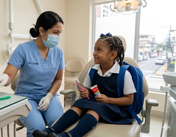 Generada con IA | Una niña en consulta de odontología.