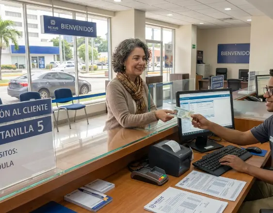 Generada con IA | Una señora hace entrega de su cédula al personal del lugar para realizar un trámite en un banco.