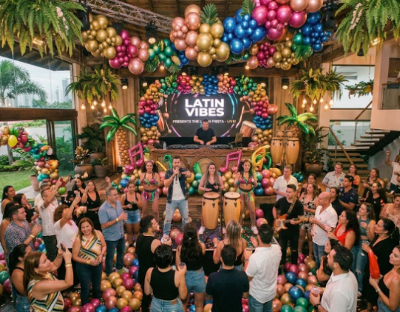 Generada con IA | Una vibrante y concurrida fiesta con temática latina celebrada en un local espacioso y moderno con techos altos de madera y grandes ventanales.