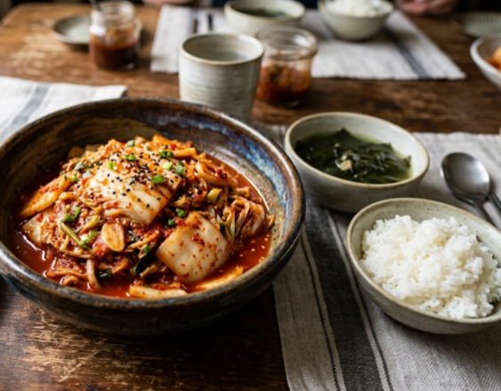 IA | Un tazón principal servido con kimchi, acompañado de ajonjolí y cebollín picado por encima.