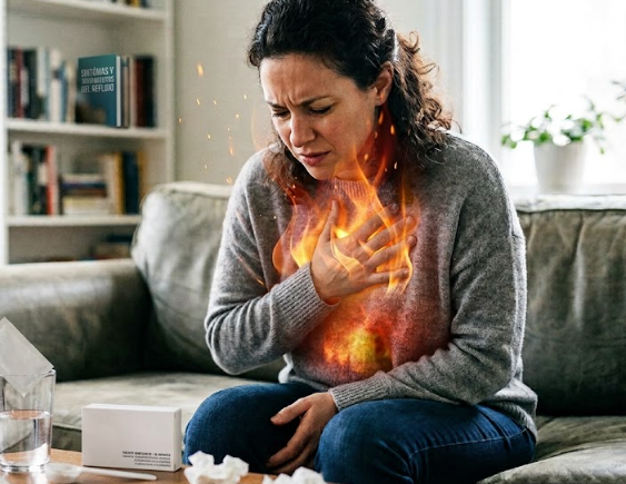 IA | Una mujer con reflujo gastroesofágico que presenta como síntomas ardor en el pecho y acidez.